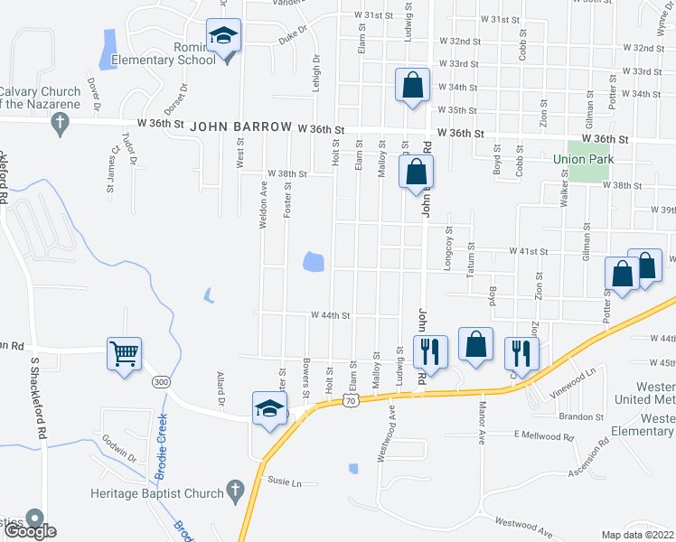 map of restaurants, bars, coffee shops, grocery stores, and more near 4109 Holt Street in Little Rock