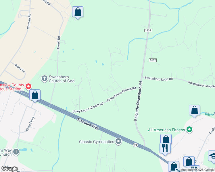 map of restaurants, bars, coffee shops, grocery stores, and more near 129 Old Freeman Rd in Swansboro