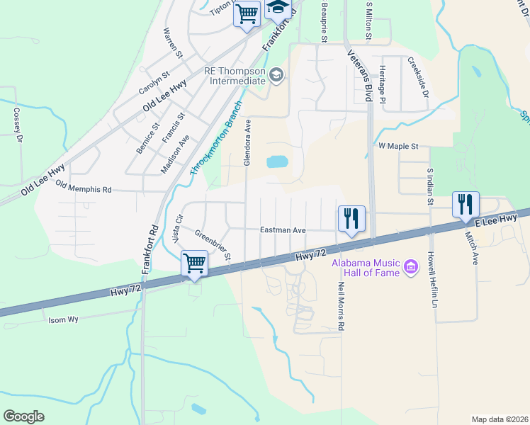 map of restaurants, bars, coffee shops, grocery stores, and more near 1304 South Franklin Street in Tuscumbia
