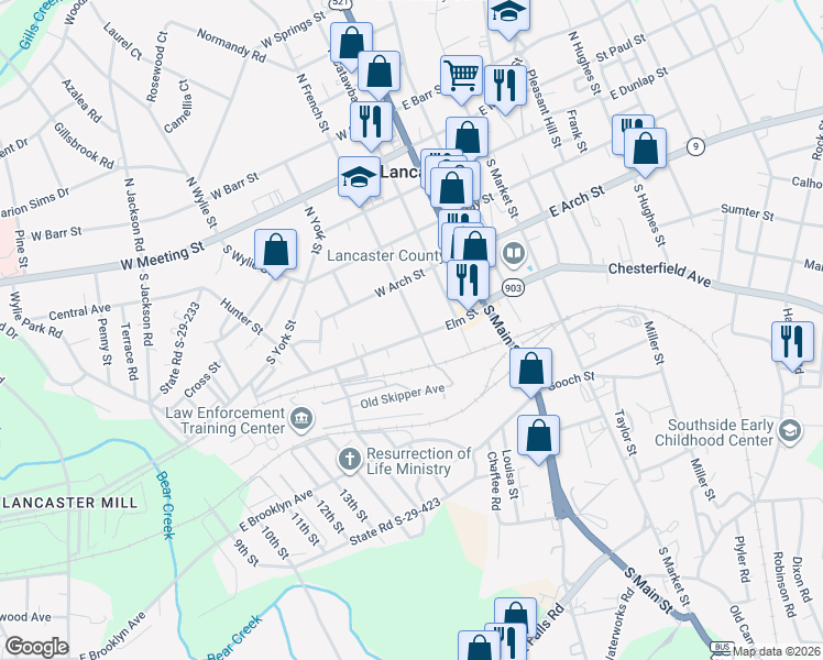map of restaurants, bars, coffee shops, grocery stores, and more near 322 South Catawba Street in Lancaster