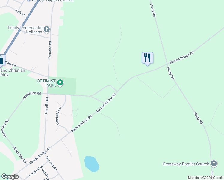 map of restaurants, bars, coffee shops, grocery stores, and more near 10341 Plantation Road in Laurinburg