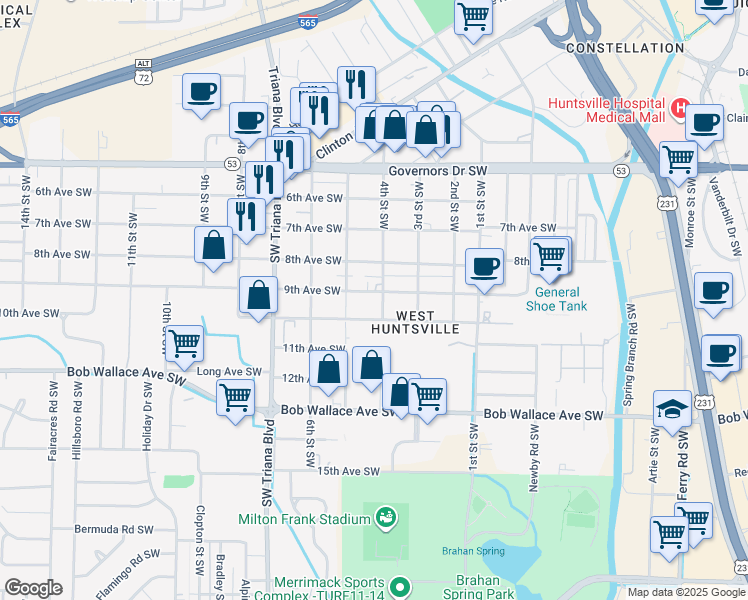 map of restaurants, bars, coffee shops, grocery stores, and more near 2914 9th Avenue Southwest in Huntsville