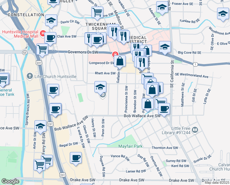 map of restaurants, bars, coffee shops, grocery stores, and more near 403 Marsheutz Avenue Southwest in Huntsville