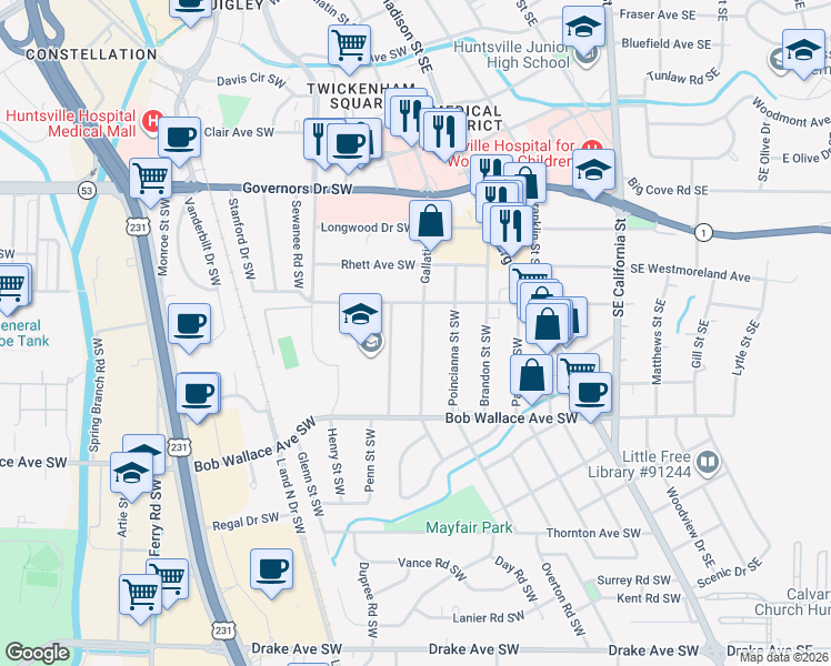 map of restaurants, bars, coffee shops, grocery stores, and more near 2308 Gallatin Street Southwest in Huntsville