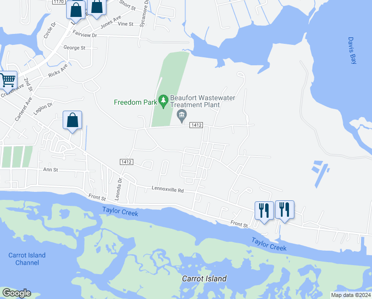 map of restaurants, bars, coffee shops, grocery stores, and more near 305 Great Egret Way in Beaufort