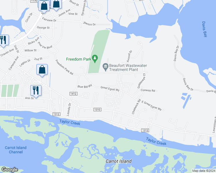 map of restaurants, bars, coffee shops, grocery stores, and more near 305 Great Egret Way in Beaufort