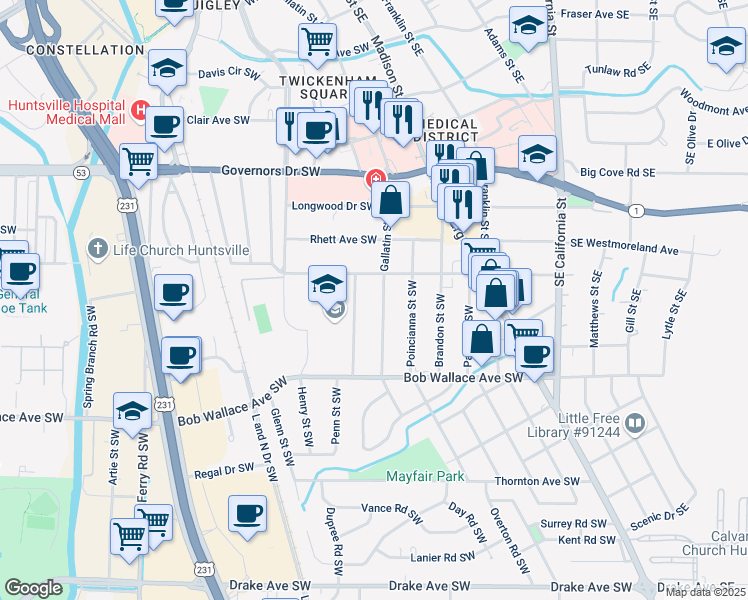 map of restaurants, bars, coffee shops, grocery stores, and more near 403 Marsheutz Avenue Southwest in Huntsville