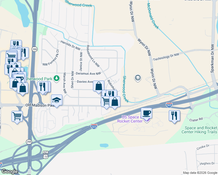 map of restaurants, bars, coffee shops, grocery stores, and more near 6327 Robinhood Lane Northwest in Huntsville