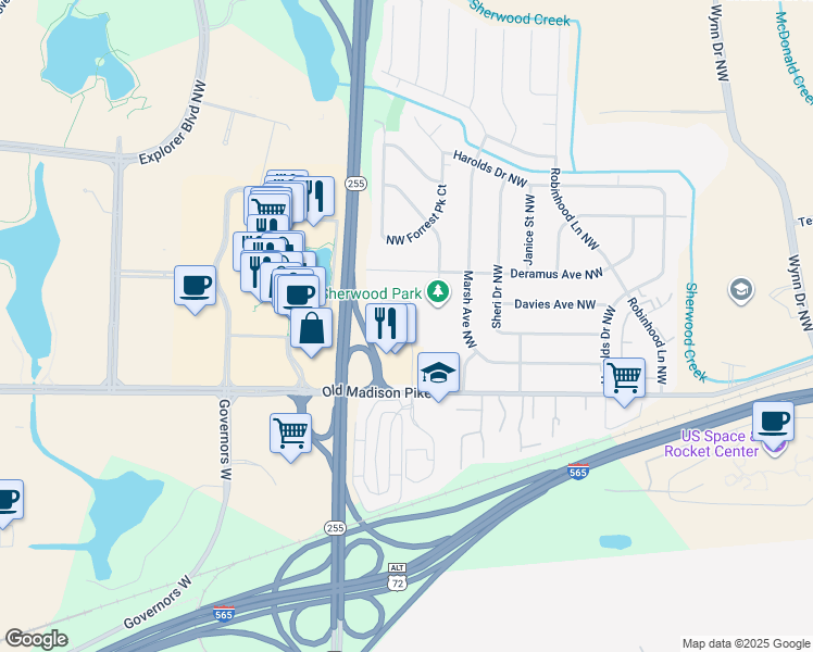 map of restaurants, bars, coffee shops, grocery stores, and more near 6620 Old Madison Pike in Huntsville