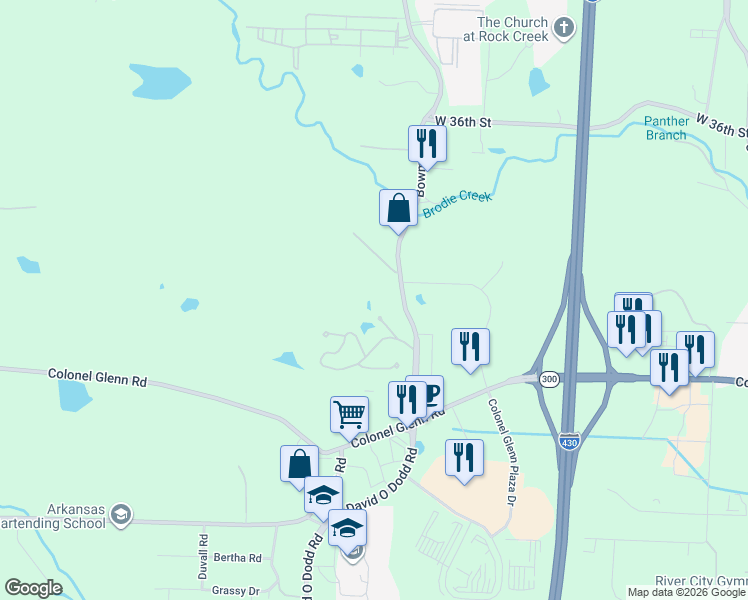 map of restaurants, bars, coffee shops, grocery stores, and more near 4200 Bowman Road in Little Rock