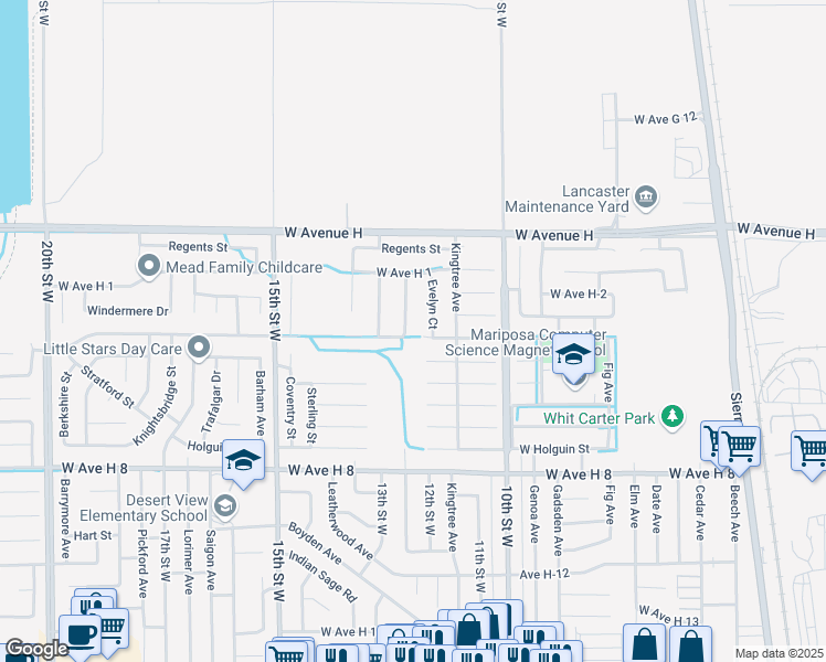 map of restaurants, bars, coffee shops, grocery stores, and more near 45824 Picadilly Street in Lancaster