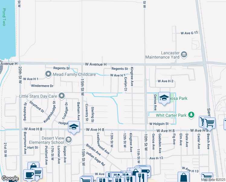 map of restaurants, bars, coffee shops, grocery stores, and more near 1221 Avenue H4 in Lancaster