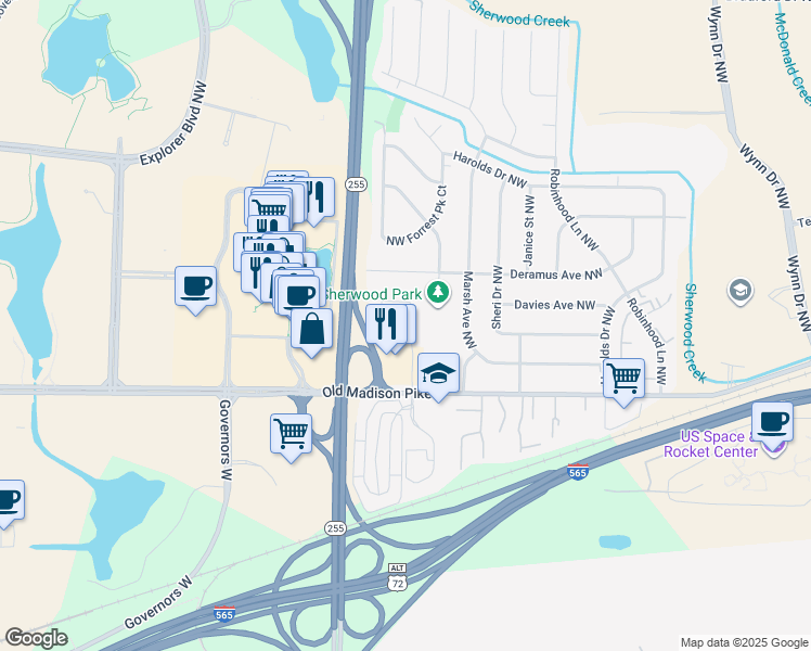 map of restaurants, bars, coffee shops, grocery stores, and more near 6620 Old Madison Pike in Huntsville