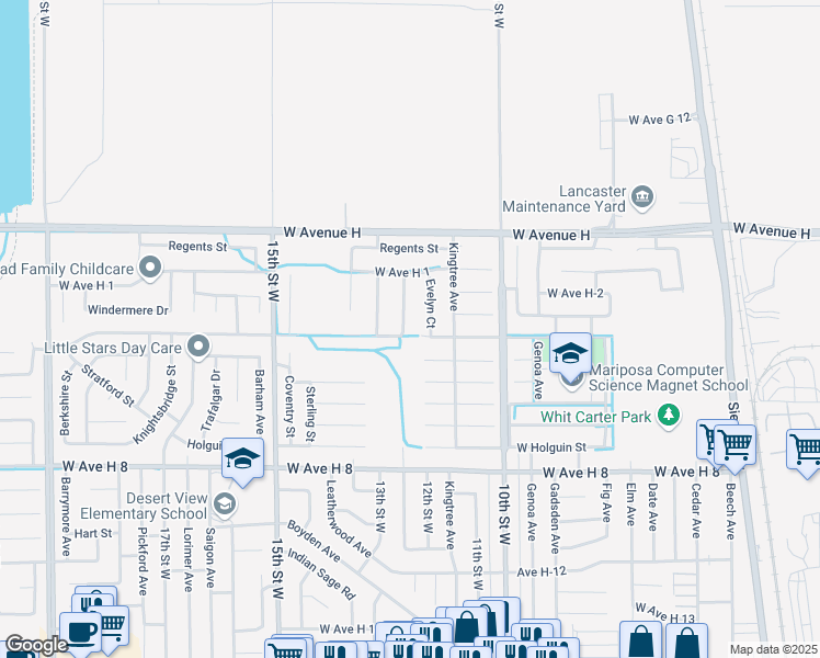map of restaurants, bars, coffee shops, grocery stores, and more near 45824 Picadilly Street in Lancaster