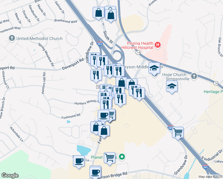 map of restaurants, bars, coffee shops, grocery stores, and more near 621 Fairview Road in Simpsonville