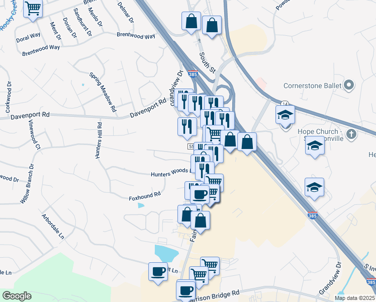 map of restaurants, bars, coffee shops, grocery stores, and more near 630 Fairview Road in Simpsonville