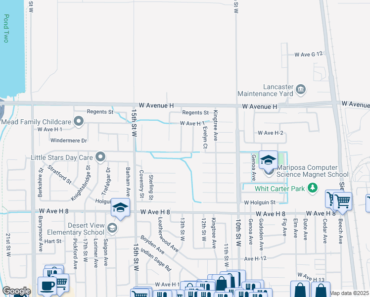 map of restaurants, bars, coffee shops, grocery stores, and more near 1221 Avenue H4 in Lancaster