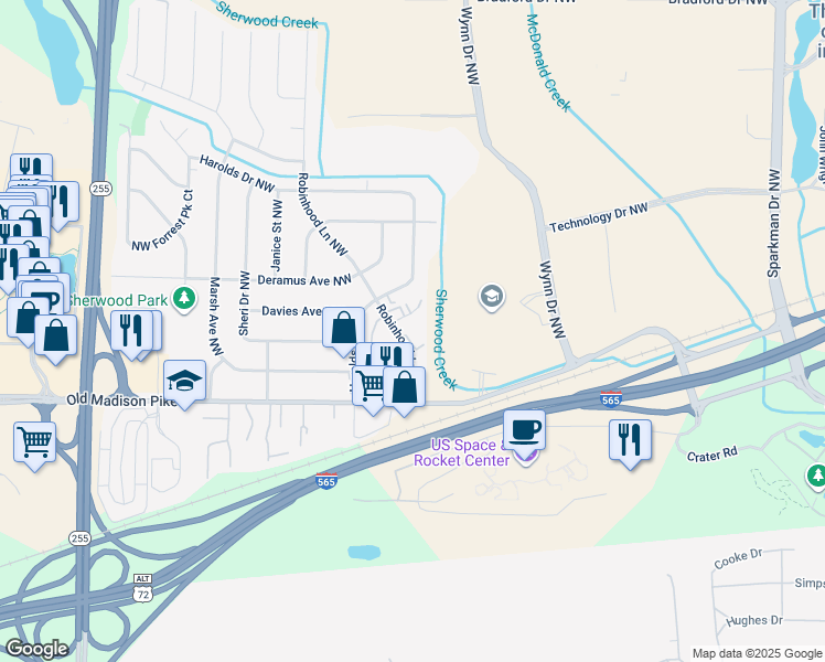 map of restaurants, bars, coffee shops, grocery stores, and more near 6240 Robinhood Lane Northwest in Huntsville