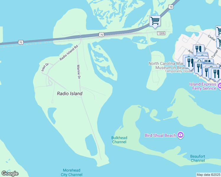map of restaurants, bars, coffee shops, grocery stores, and more near 100 Olde Towne Yacht Club Road in Beaufort