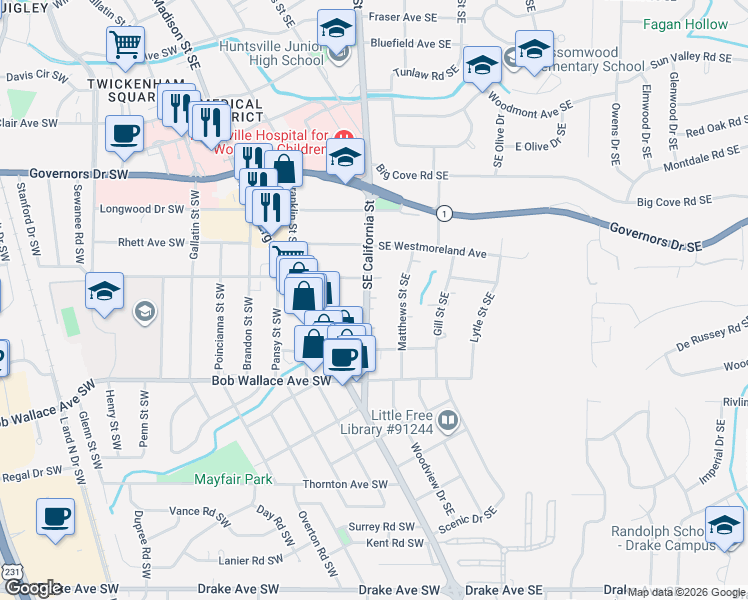 map of restaurants, bars, coffee shops, grocery stores, and more near 220 Marsheutz Avenue Southeast in Huntsville