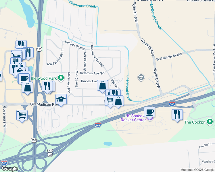 map of restaurants, bars, coffee shops, grocery stores, and more near 6301 Davies Avenue Northwest in Huntsville