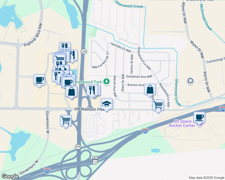 map of restaurants, bars, coffee shops, grocery stores, and more near 325 Town and Country Drive Northwest in Huntsville