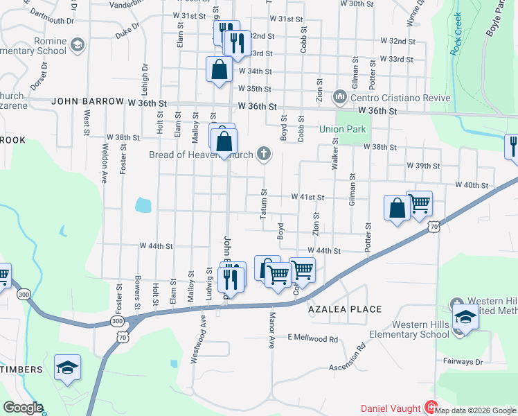 map of restaurants, bars, coffee shops, grocery stores, and more near 4101 Longcoy Street in Little Rock