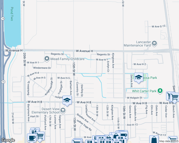 map of restaurants, bars, coffee shops, grocery stores, and more near 1269 Avenue H4 in Lancaster