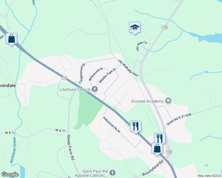 map of restaurants, bars, coffee shops, grocery stores, and more near 136 Bruce Boulevard in Seneca