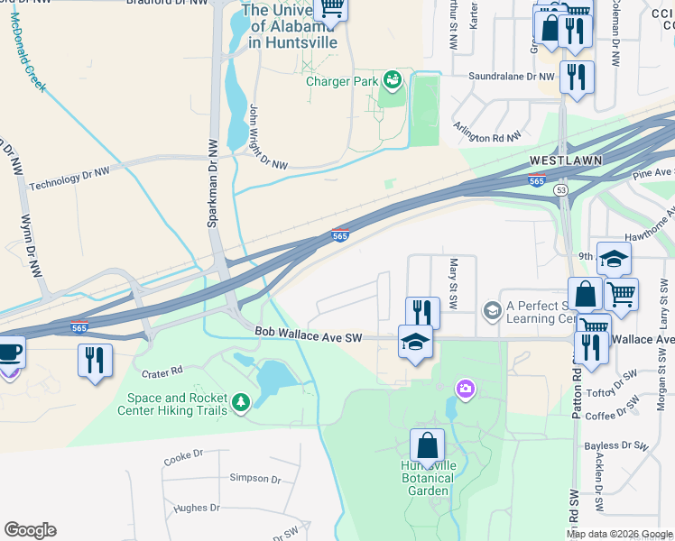 map of restaurants, bars, coffee shops, grocery stores, and more near 4751 Governors House Drive Southwest in Huntsville