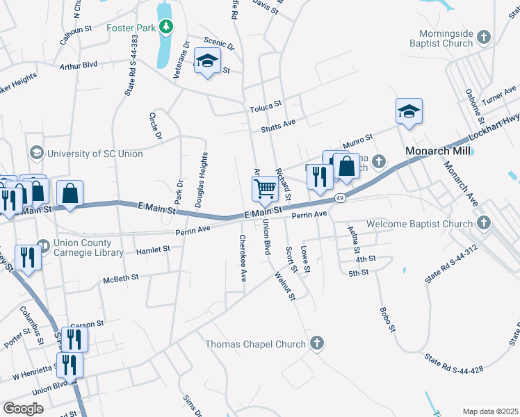 map of restaurants, bars, coffee shops, grocery stores, and more near 1232 Arthur Boulevard in Union