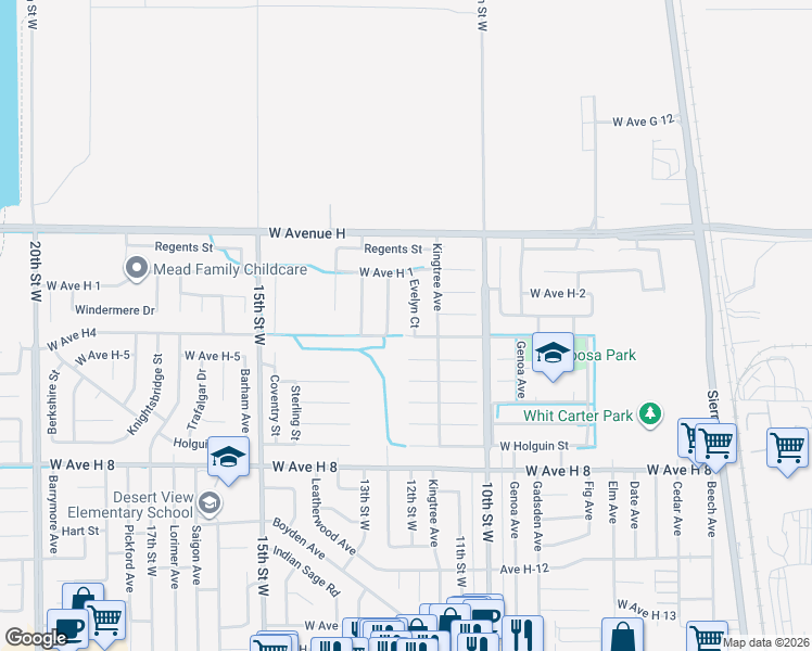 map of restaurants, bars, coffee shops, grocery stores, and more near 45809 Evelyn Court in Lancaster