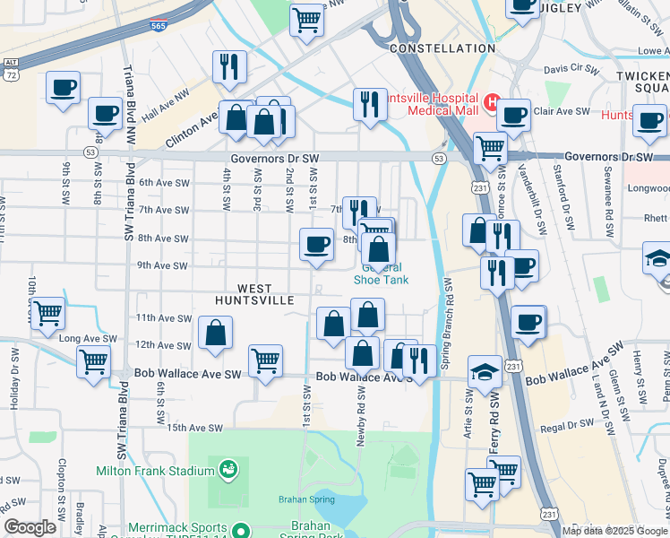 map of restaurants, bars, coffee shops, grocery stores, and more near 2500 9th Avenue Southwest in Huntsville