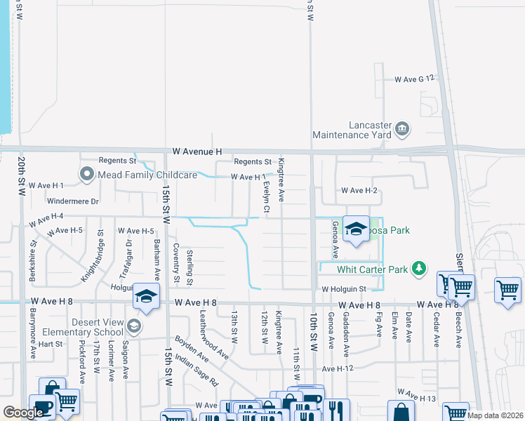 map of restaurants, bars, coffee shops, grocery stores, and more near 45809 Evelyn Court in Lancaster