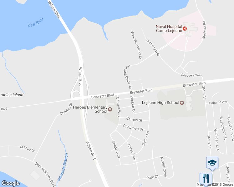 map of restaurants, bars, coffee shops, grocery stores, and more near Brewster Boulevard in Jacksonville