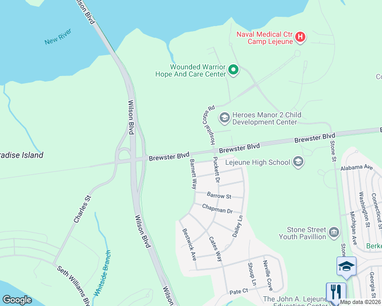 map of restaurants, bars, coffee shops, grocery stores, and more near Brewster Boulevard in Jacksonville
