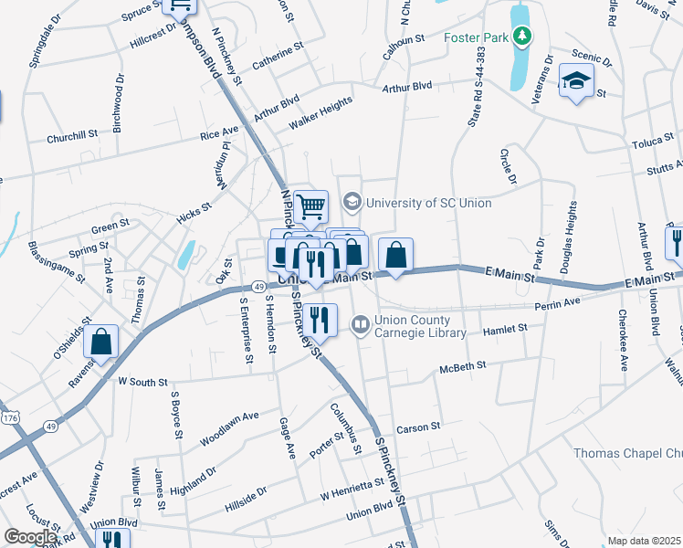 map of restaurants, bars, coffee shops, grocery stores, and more near 303 East Main Street in Union