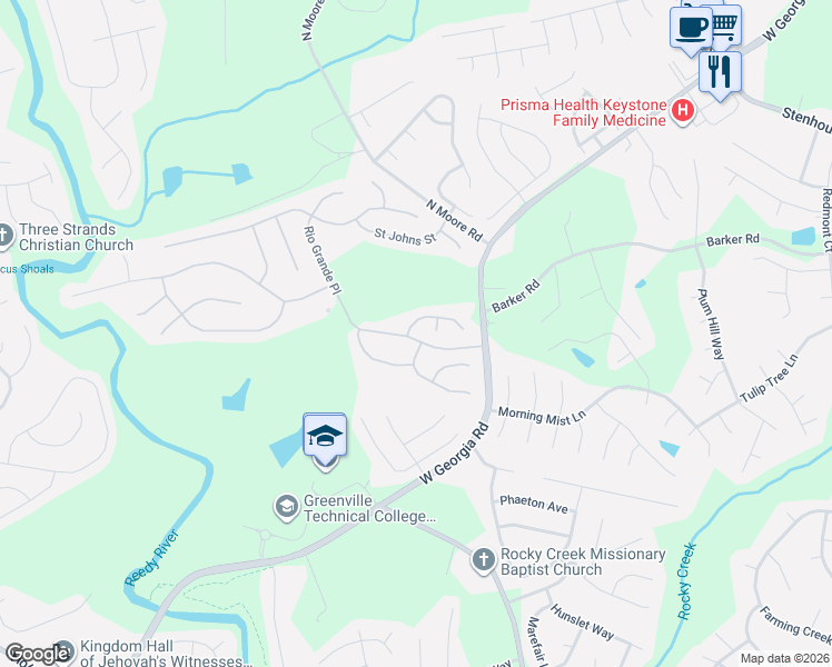 map of restaurants, bars, coffee shops, grocery stores, and more near 6 Platte Lane in Simpsonville