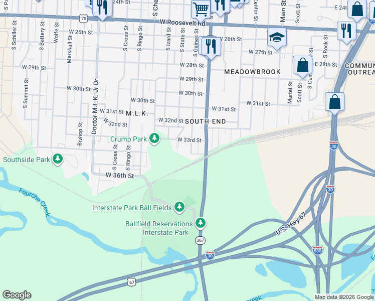 map of restaurants, bars, coffee shops, grocery stores, and more near 3303 South Gaines Street in Little Rock