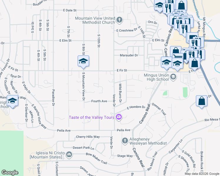 map of restaurants, bars, coffee shops, grocery stores, and more near 1289 Verde Drive in Cottonwood
