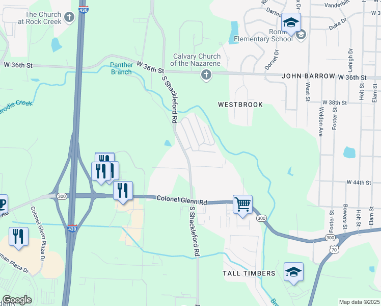 map of restaurants, bars, coffee shops, grocery stores, and more near 4023 South Shackleford Road in Little Rock