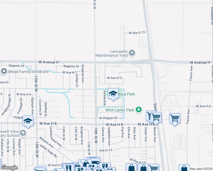 map of restaurants, bars, coffee shops, grocery stores, and more near 810 Desert Calico Drive in Lancaster