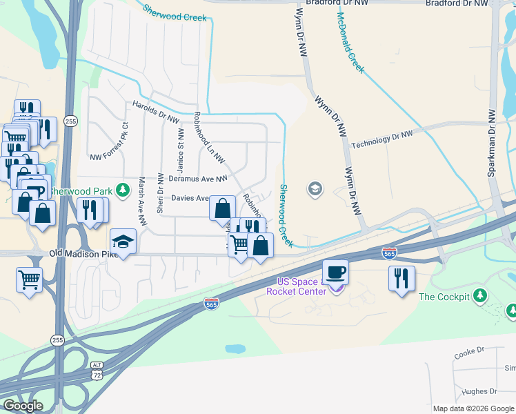map of restaurants, bars, coffee shops, grocery stores, and more near 6327 Robinhood Lane Northwest in Huntsville