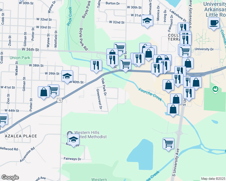map of restaurants, bars, coffee shops, grocery stores, and more near 301 Oak Park Drive in Little Rock