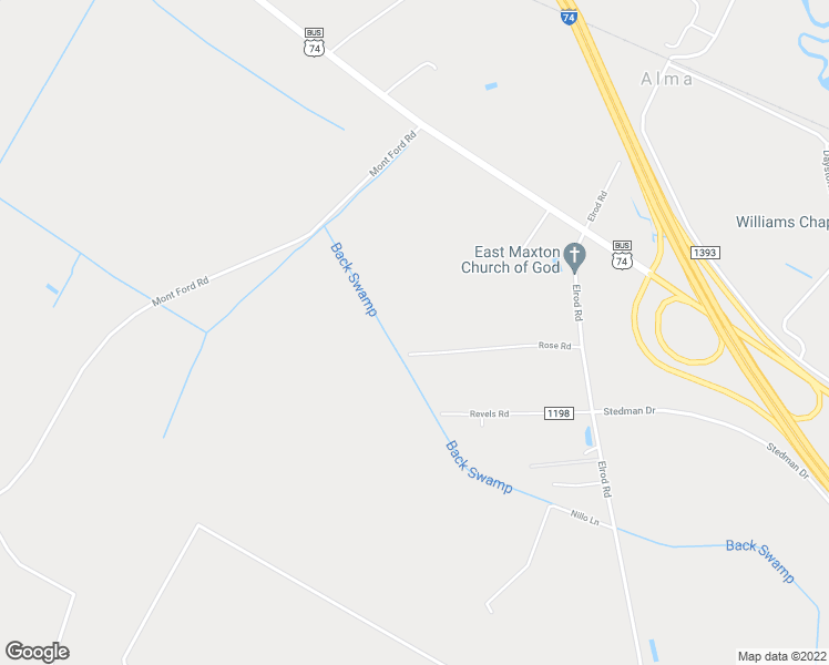 map of restaurants, bars, coffee shops, grocery stores, and more near 398 Rose Road in Maxton