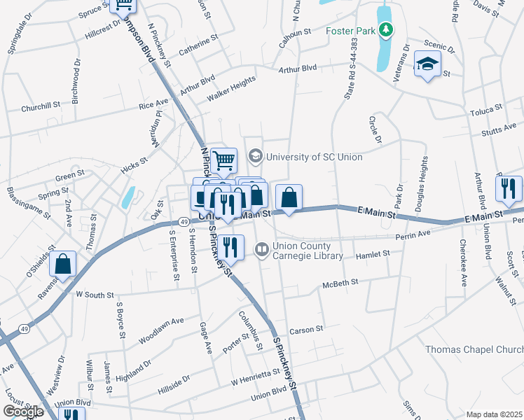 map of restaurants, bars, coffee shops, grocery stores, and more near 303 East Main Street in Union
