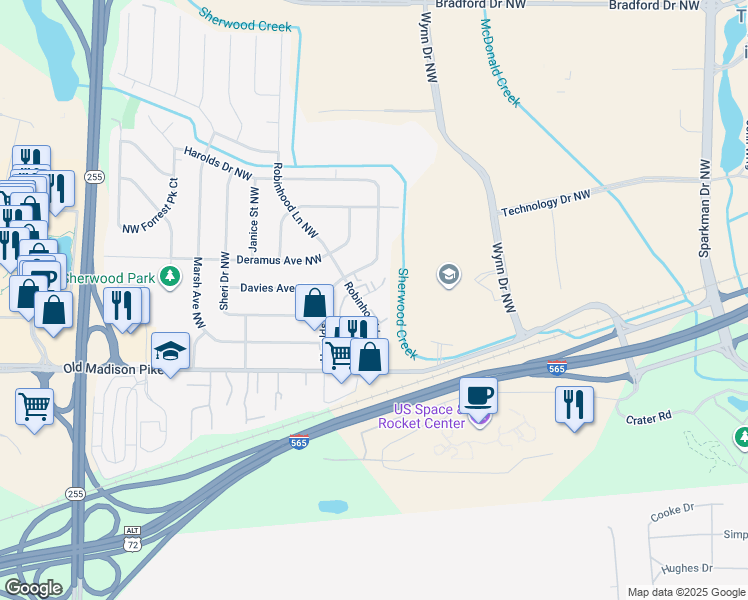 map of restaurants, bars, coffee shops, grocery stores, and more near 6201 Friar Tuck Drive Northwest in Huntsville
