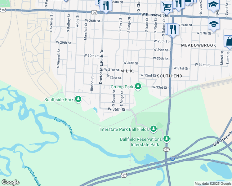 map of restaurants, bars, coffee shops, grocery stores, and more near 1106 West 34th Street in Little Rock