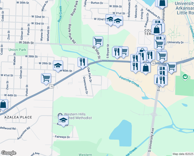 map of restaurants, bars, coffee shops, grocery stores, and more near 301 Oak Park Drive in Little Rock
