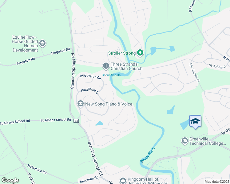 map of restaurants, bars, coffee shops, grocery stores, and more near 20 Waterthrush Way in Simpsonville